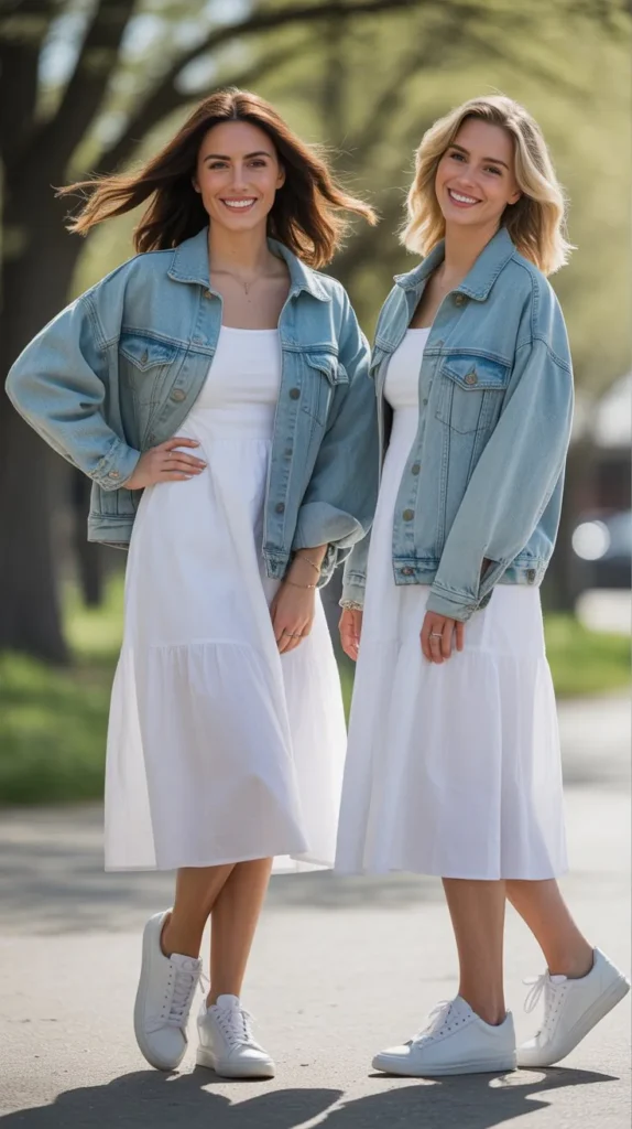 Denim Jacket With White Midi Dress