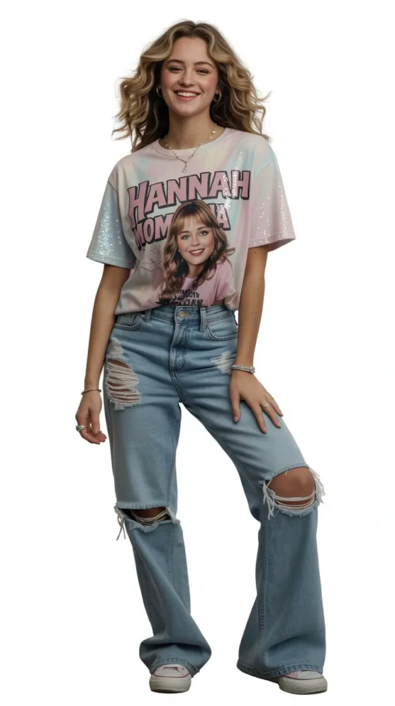 Glitter Graphic Tee With Ripped Jeans