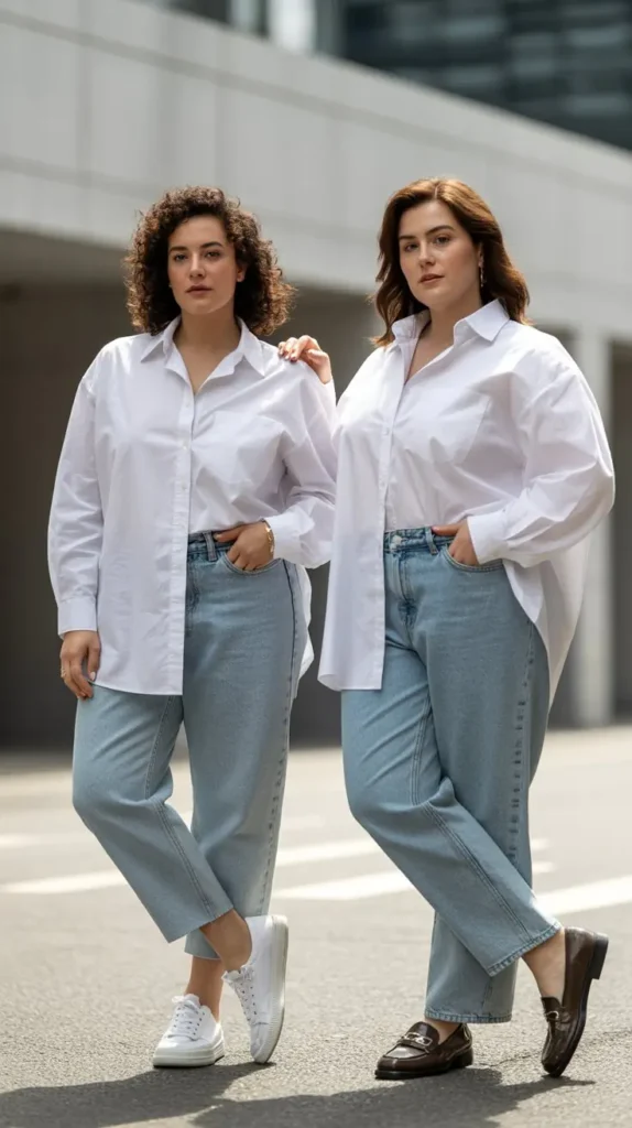 White Button-Down Shirt with Light Wash Jeans