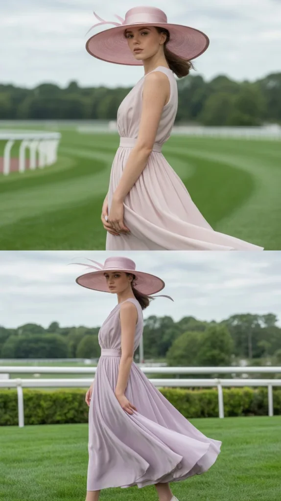 Classic Pastel Midi Dress with Statement Hat