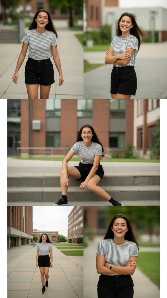 6. Black Shorts with Striped T-Shirt