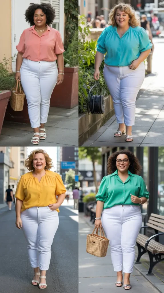  White Jeans With Bright Blouse