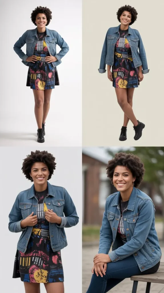 Graphic Dress with Denim Jacket