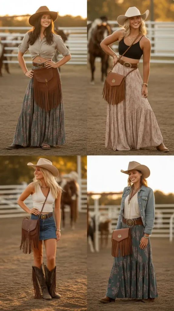  Boho-Western Maxi Skirt with Leather Fringe Bag