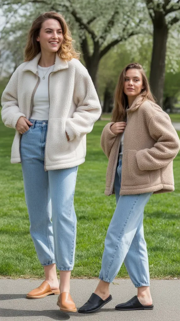 Sherpa Fleece Jacket With Mom Jeans and Mules