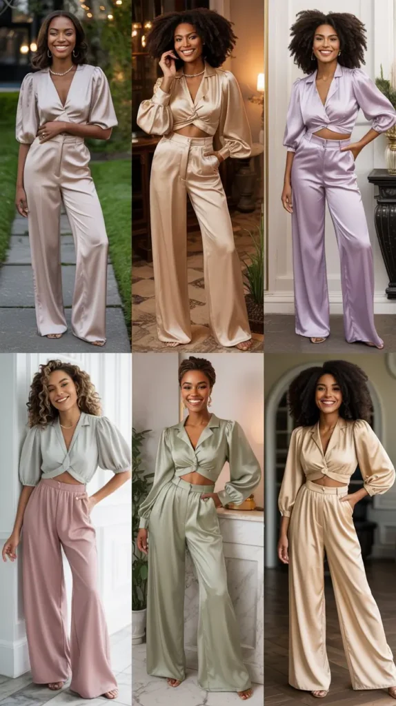 Satin Pants with Puff Sleeve Blouse