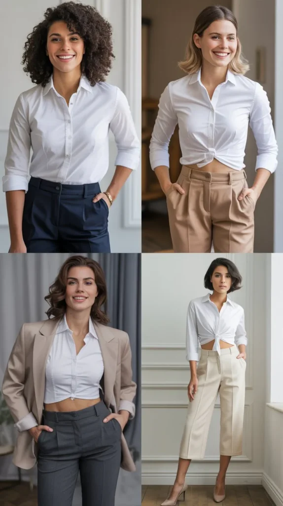 White Button-Down Shirt with Cropped Pants