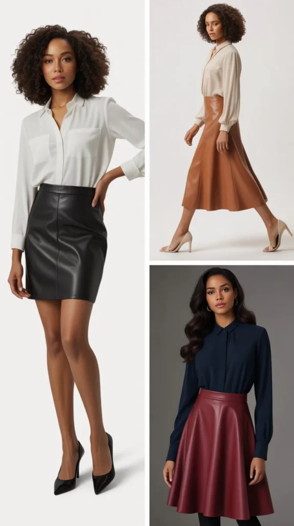 Leather Skirt with Light Blouse