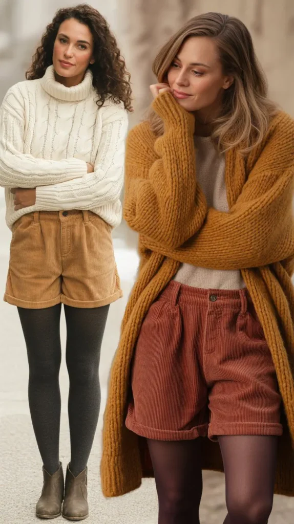 Corduroy Shorts With Thick Tights