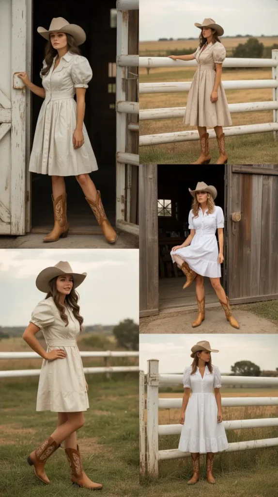  White Dress with Cowboy Boots