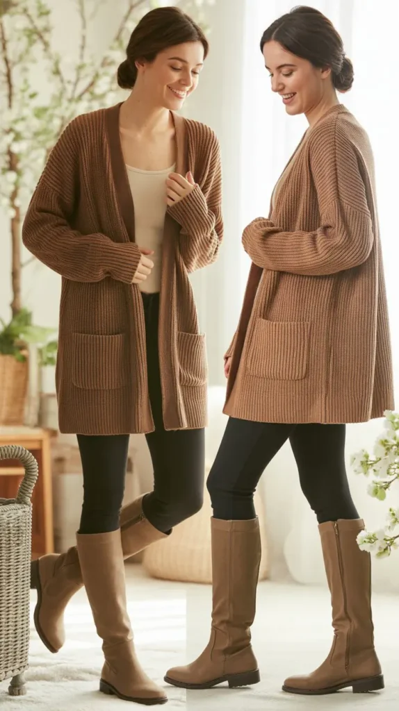 Chunky Knit Cardigan With Leggings and Tall Boots