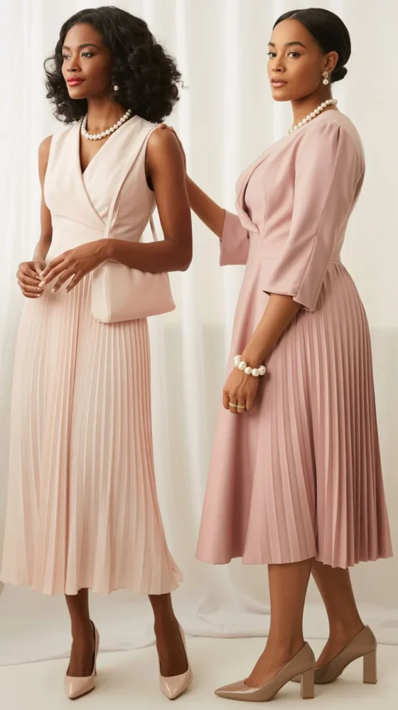 Pink Pleated Dress With Pearl Accessories
