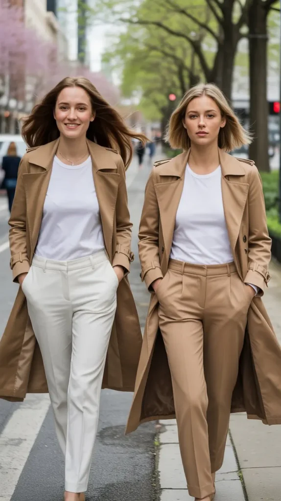 Trench Coat With a White Tee and Slim Trousers