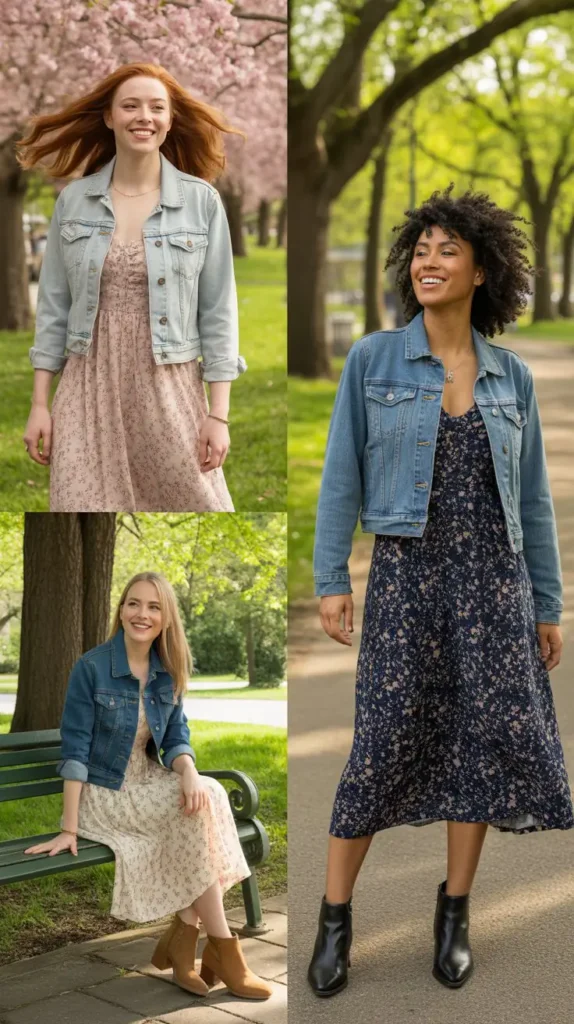 Classic Denim Jacket Over a Floral Dress