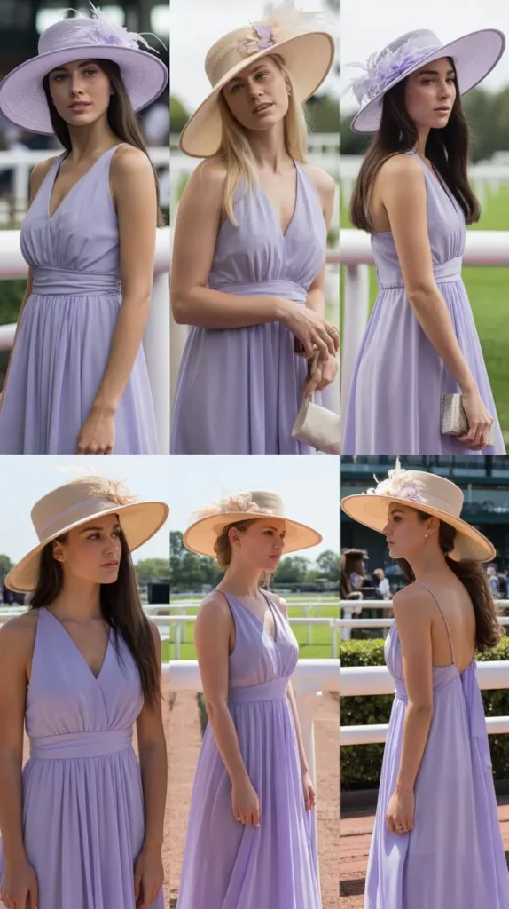 Lavender Maxi Dress with Feathered Hat