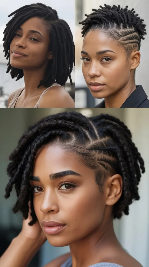 realistic 3 image collage of black women with tapered short locs, clean sides