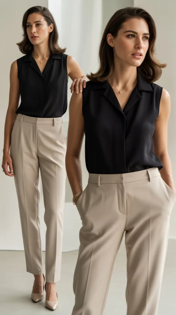 . Black Sleeveless Top with Beige Trousers