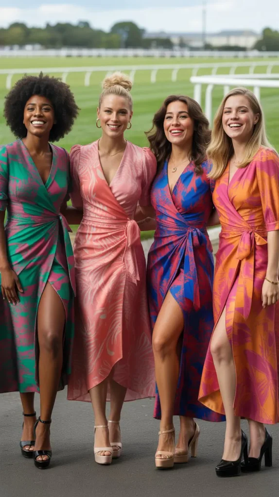 Bold Printed Wrap Dress with Platform Heels