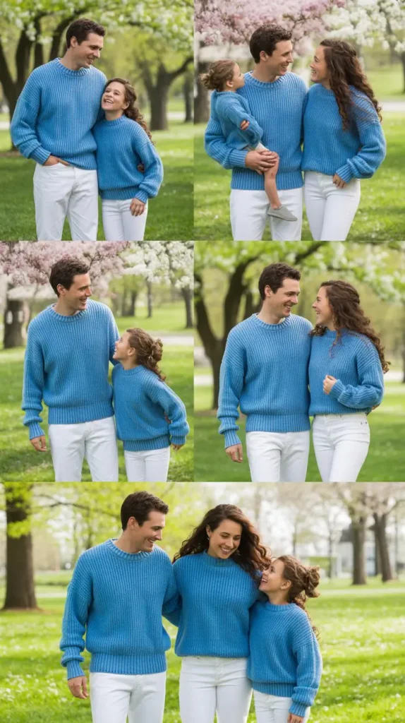 Sky Blue Knit Sweaters with White Jeans for a Cozy Spring Look