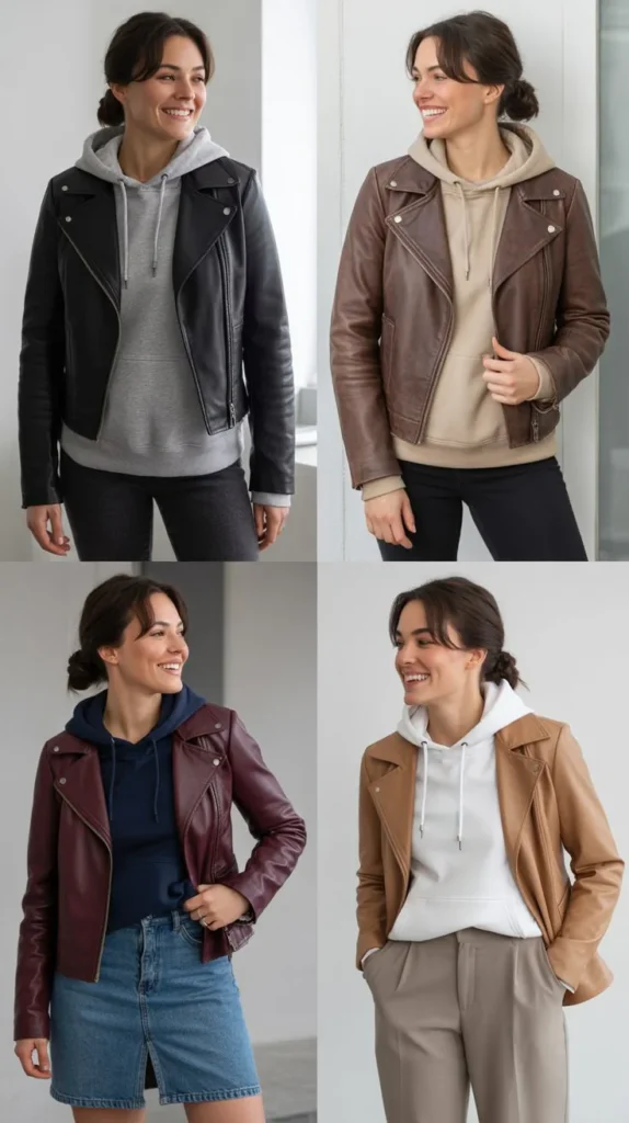  Leather Jacket with Hoodie Layers