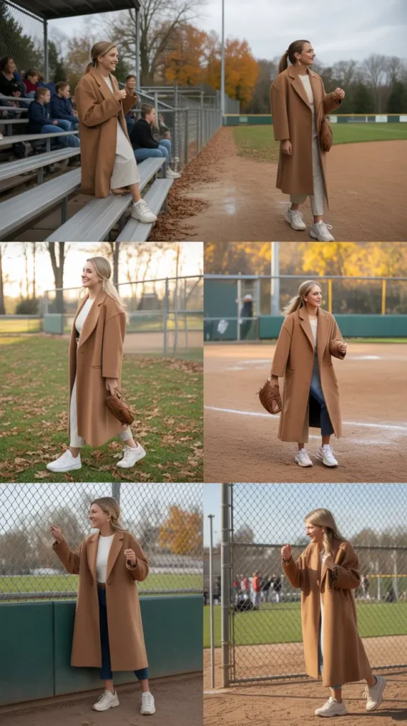 Camel Coat With Casual Sneakers