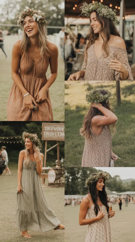 Boho Chic Maxi Dress with Flower Crown