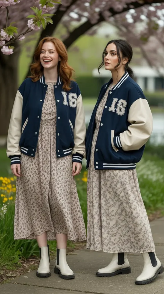 Vintage Varsity Jacket With a Floral Dress and Chelsea Boots
