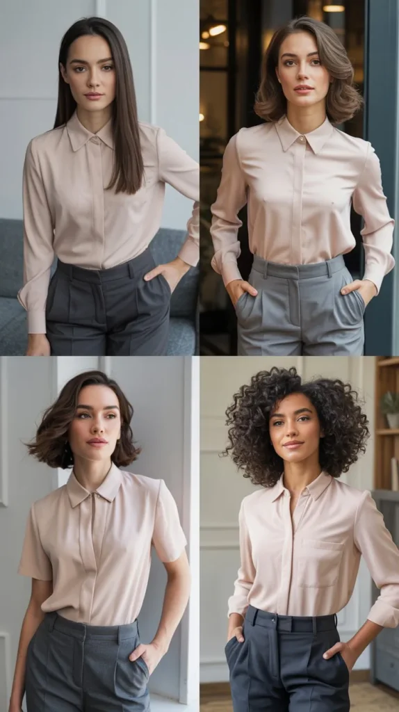 Soft Pink Blouse with Gray Pants