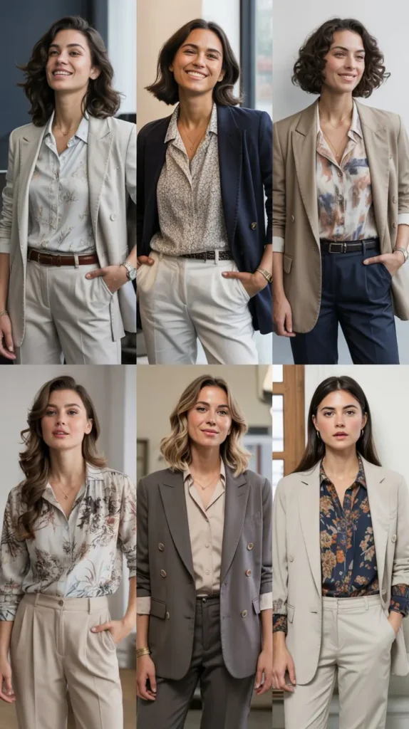 Printed Blouse with Neutral Suit