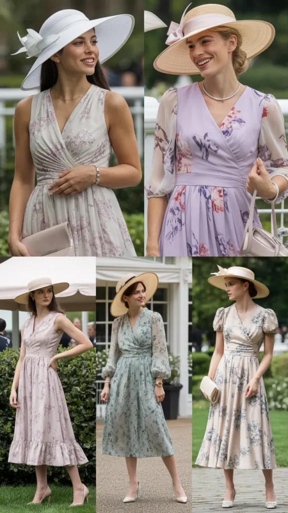 Classic Floral Midi Dress with Wide-Brim Hat