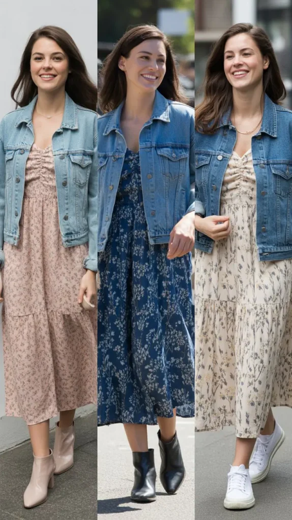 Floral Midi Dress with Denim Jacket