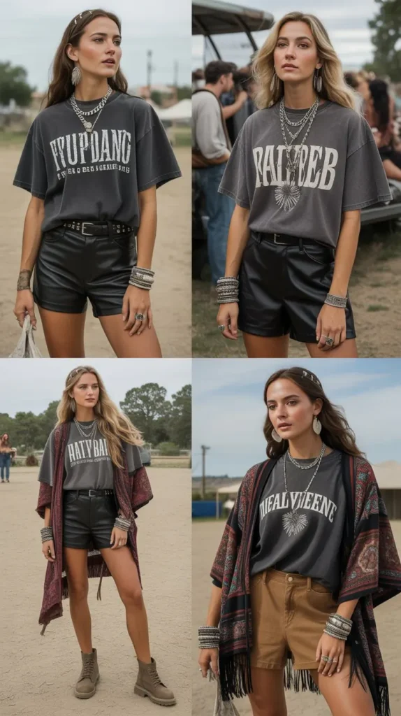 Vintage Band Tee with Leather Shorts