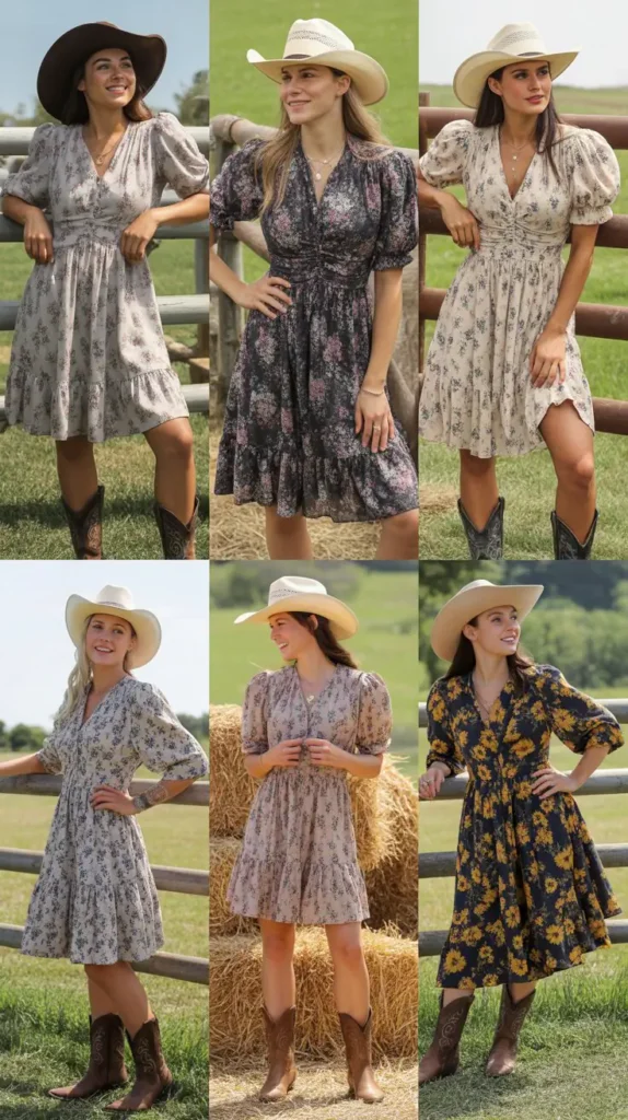 Floral Western Dress with Cowboy Boots