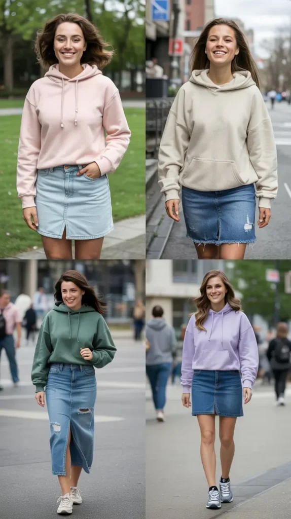 Casual Hoodie with Denim Skirt