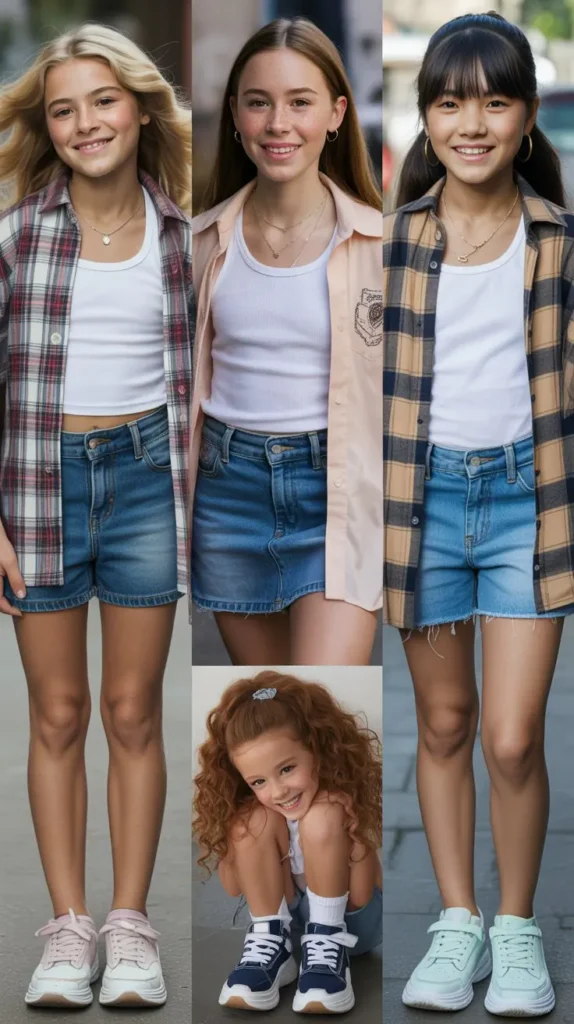 Plaid Shirt Layered Over Tank Top and Jean Shorts