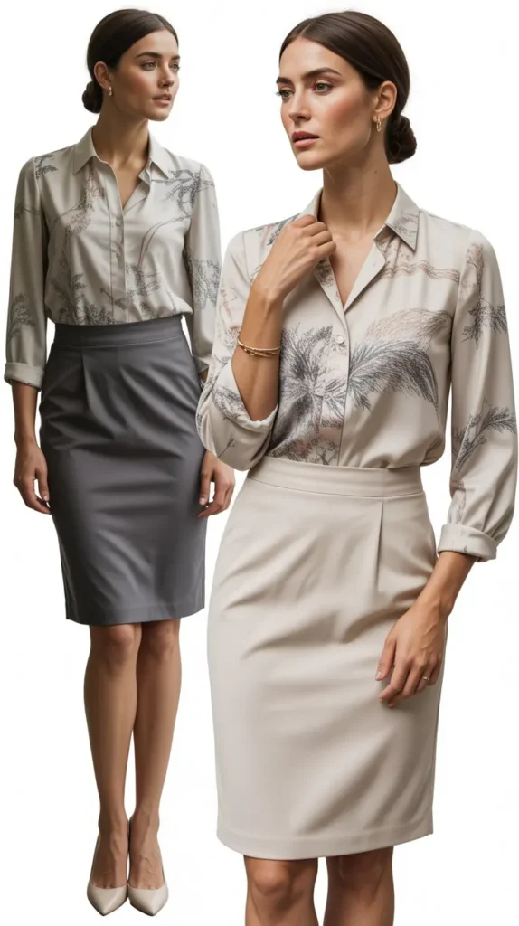 Printed Blouse with Neutral Pencil Skirt