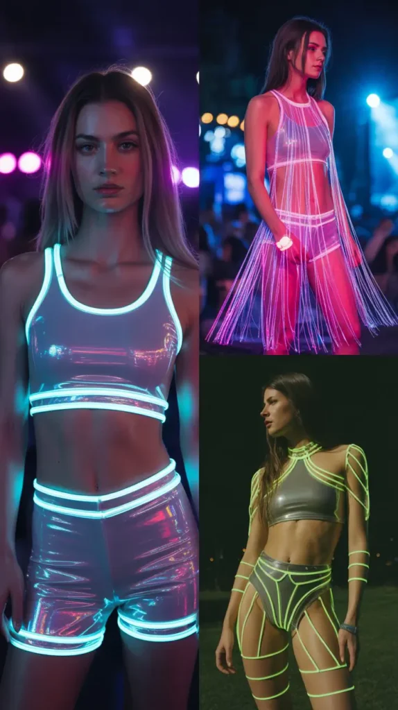 realistic 3 image collage of neon festival outfits, glowing night vibe