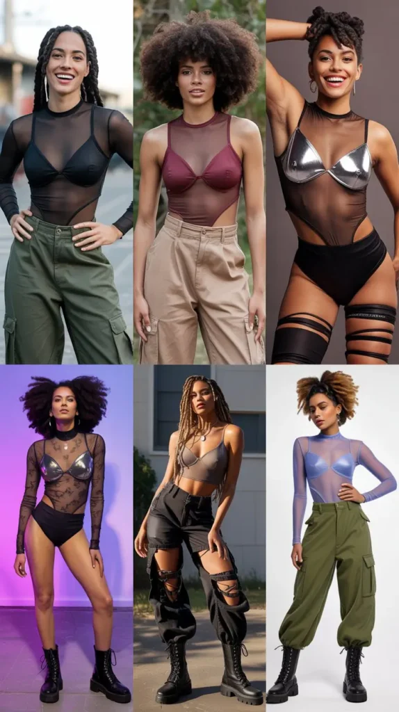 Mesh Bodysuit With Cargo Pants