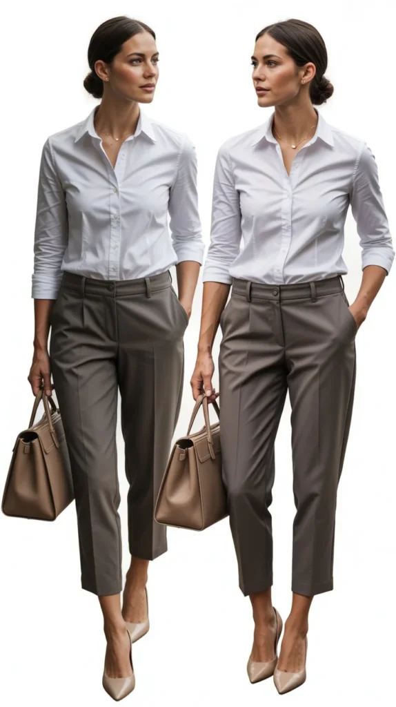 White Button-Down Shirt with Cropped Pants