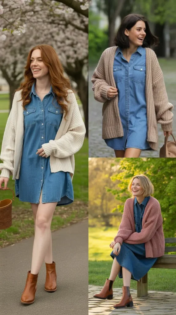  Denim Shirt Dress With a Chunky Knit Cardigan and Boots