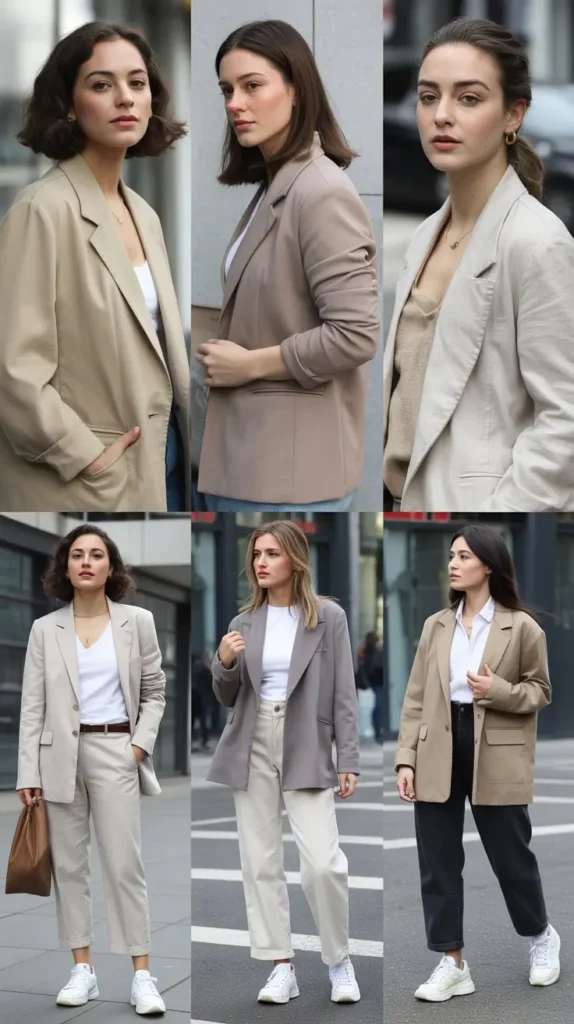 Neutral Blazer with White Sneakers