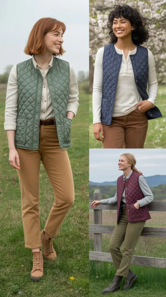  Quilted Vest Over a Long-Sleeve Shirt With Corduroy Pants