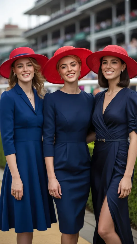 Sophisticated Navy Blue Dress with Red Hat
