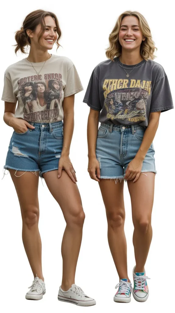  Graphic Tee with Distressed Denim Shorts