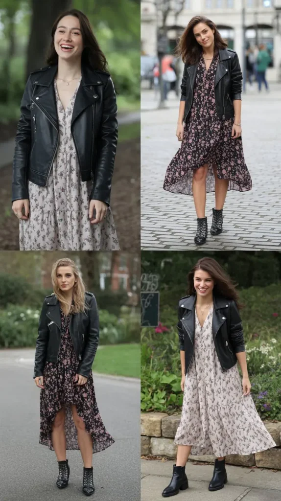 Leather Jacket with Floral Dress