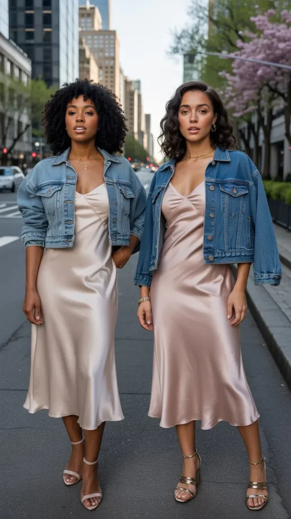 Satin Slip Dress With Denim Jacket