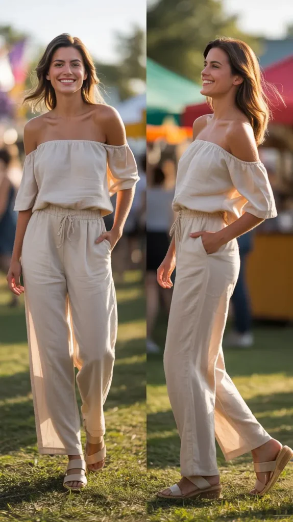 Linen Pants With Off-Shoulder Top