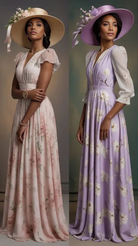 Floral Maxi Dress With Elegant Hat