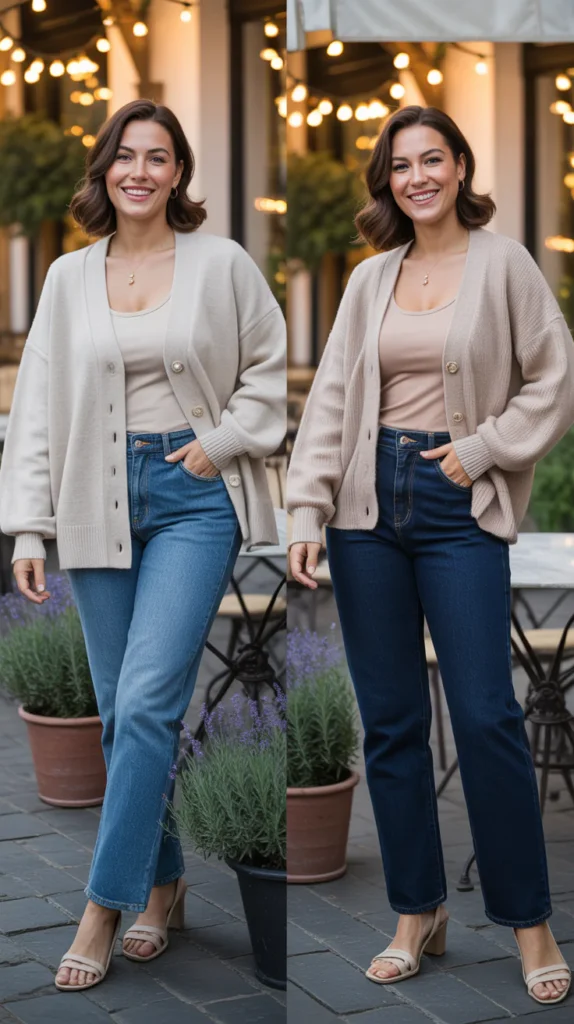 Neutral Cardigan with Straight-Leg Jeans