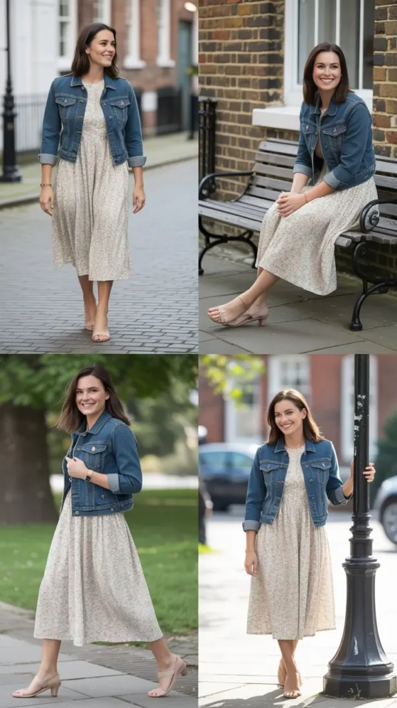Floral Midi Dress with Denim Jacket